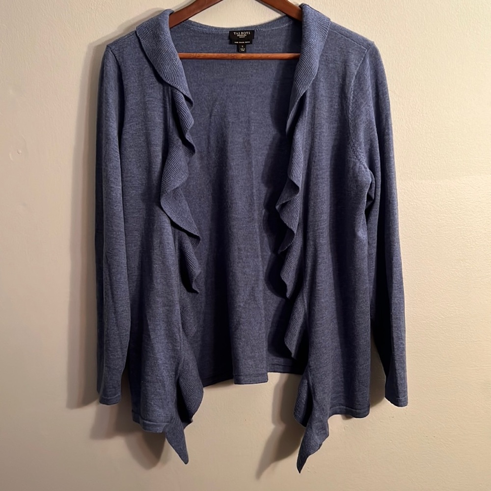 Talbots Blue Pure Italian Merino Wool Ruffle Trim Cardigan Womens Size X (12W)
